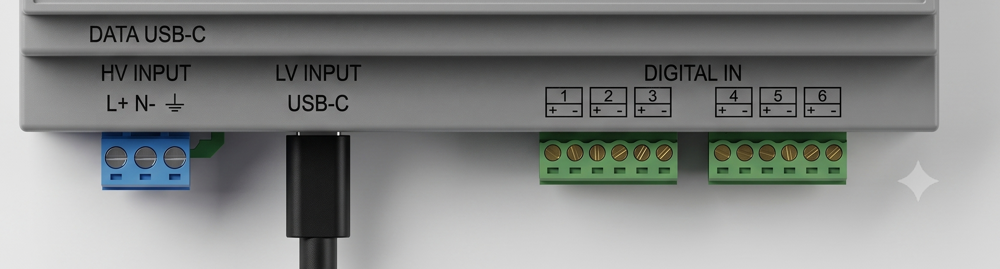 Close-up of the ESUMEI G3 HV input, LV input USB-C, and digital input terminal blocks